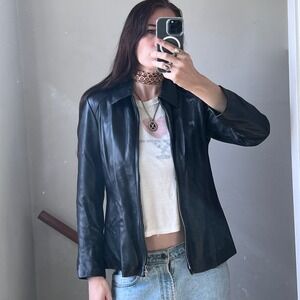 Vintage Black Leather Jacket Zip Up Sleek 90s Minimalist Biker Chic Size Small